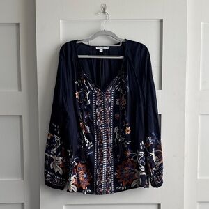 Chico's Navy Blouse with Floral print on front only. Washable
